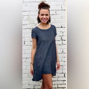 CP SHADES Elodie Dress Cap Sleeve Linen Navy Blue Mini Classic Boho Tunic Sz XS